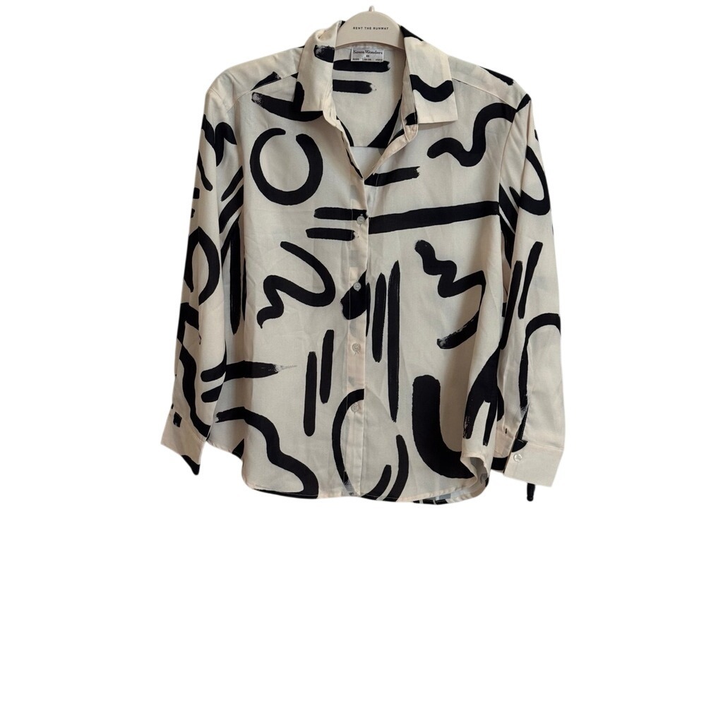 Vintage Seven Wonders Wearable art Button Front Shirt XS Black Cream y2k